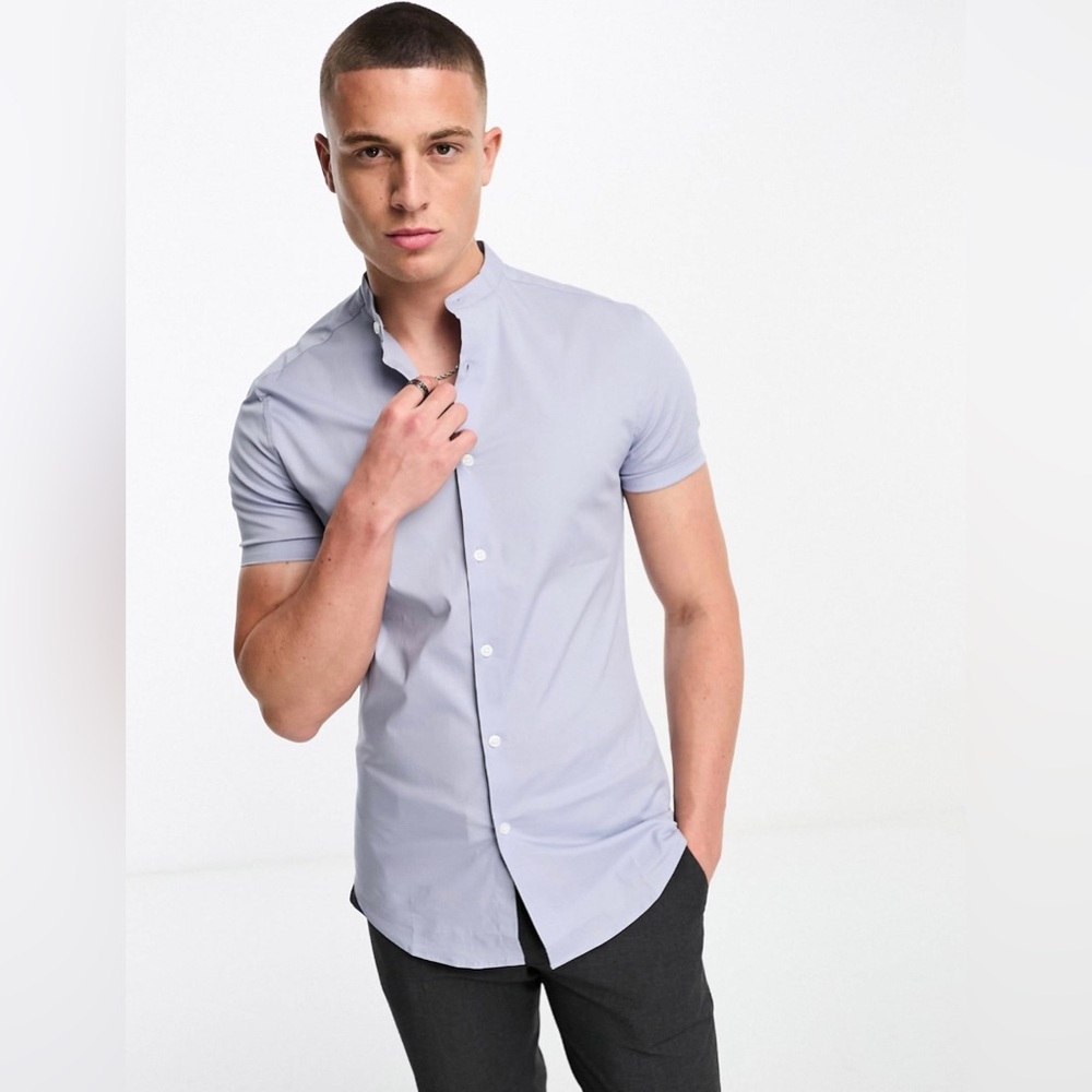ASOS DESIGN skinny fit shirt with grandad collar in cornflower blue